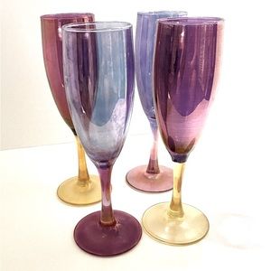 4 Iridescent Champagne Flutes  2 Pink With Yellow Stem and 2 Blue With Pink Stem